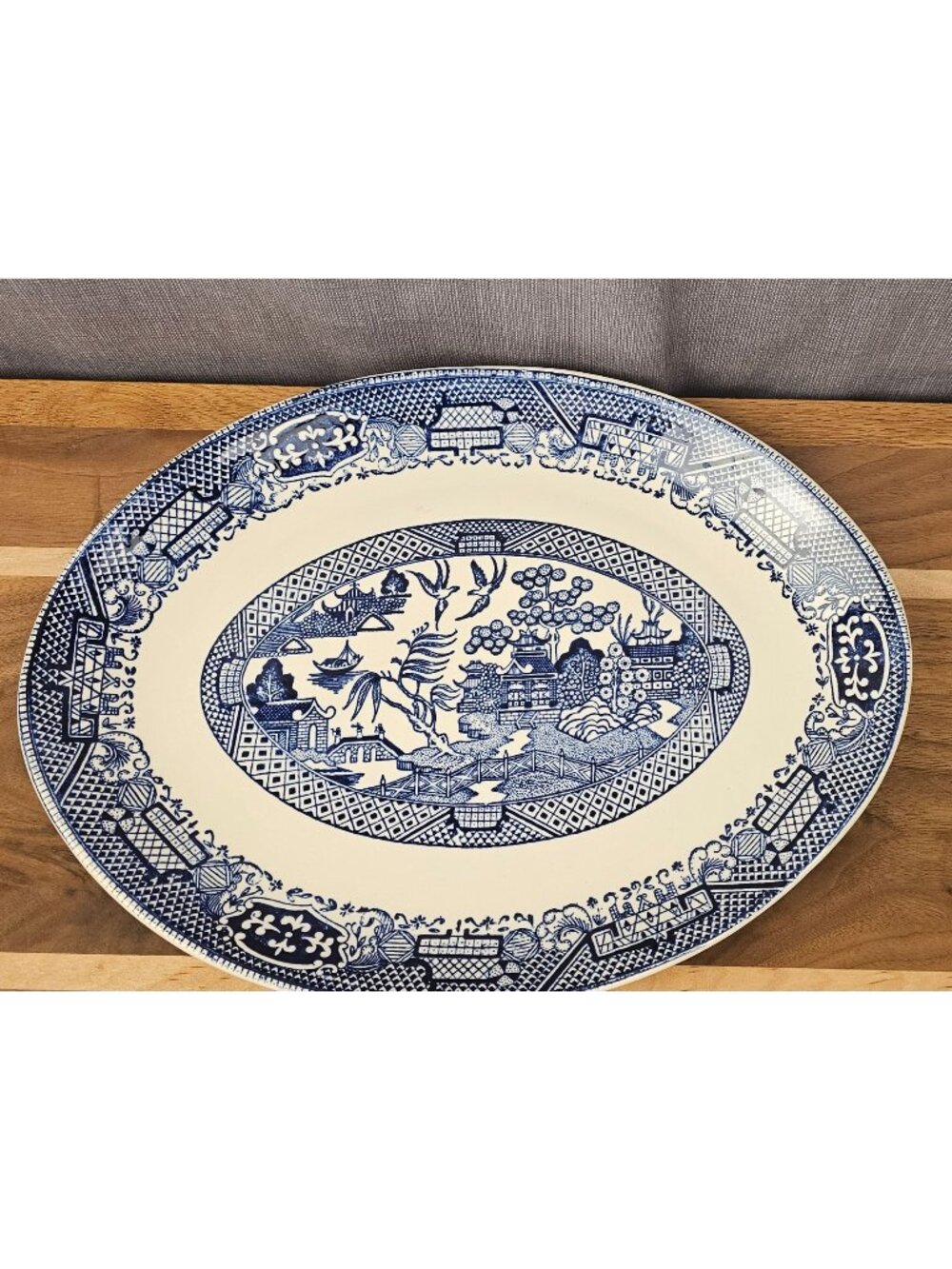 Vintage Blue & White Willow Pattern Oval Serving Platter Made In USA 16" x 12"